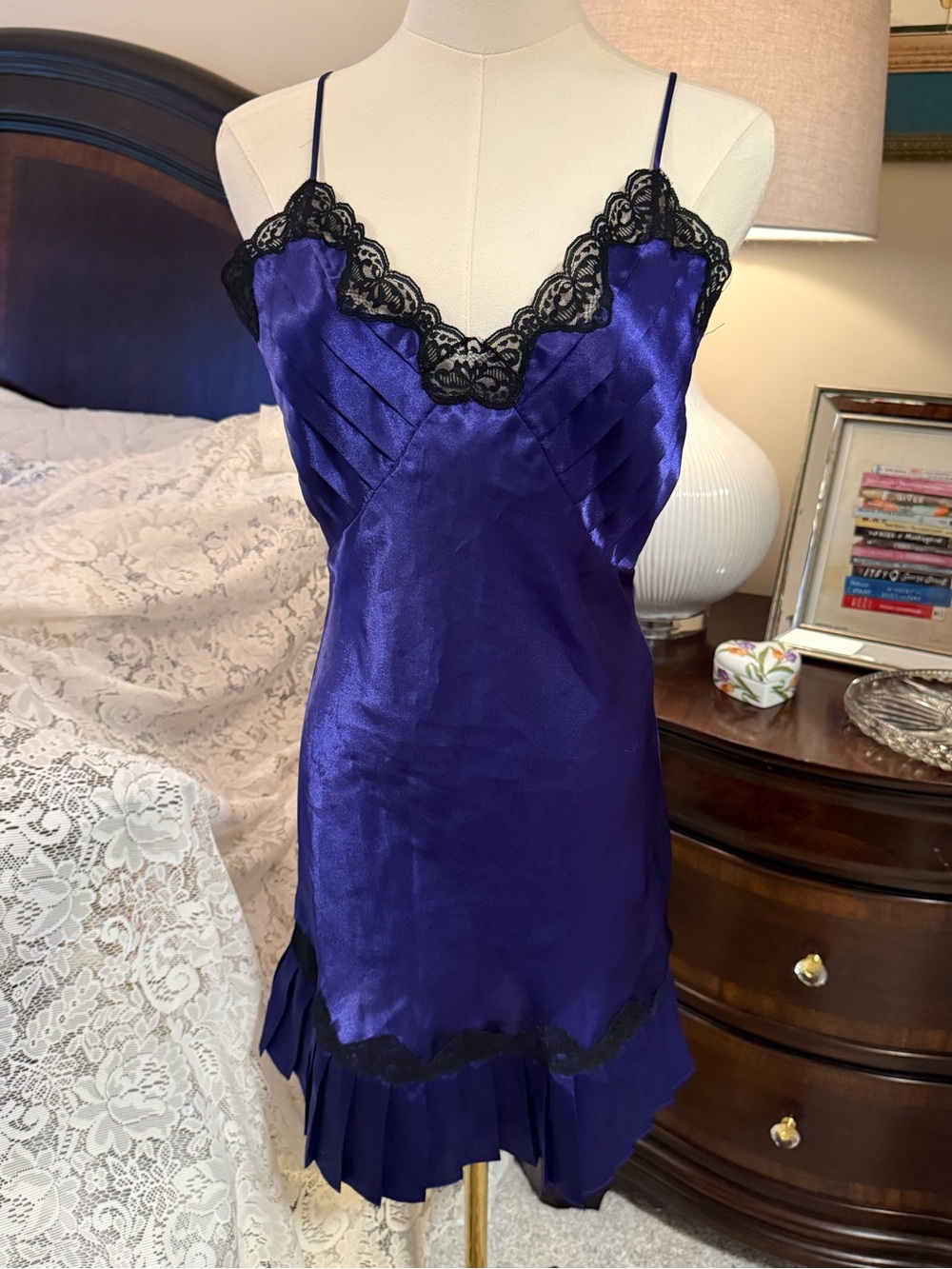 Vintage Gold Label Victoria’s Secret Purple Satin Chemise with Black Lace Trim